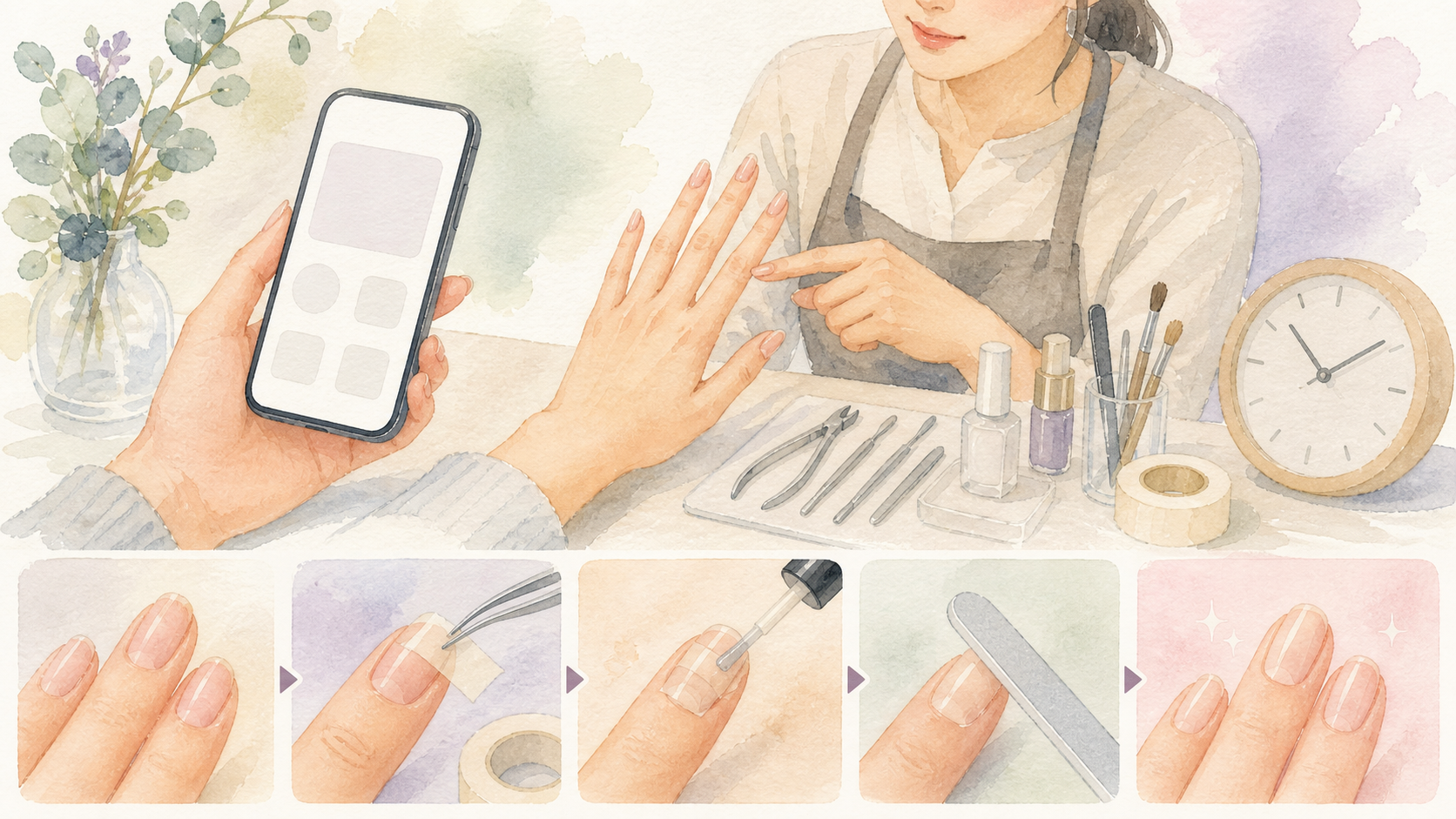 結婚式 ネイル 剥がれた 前日の確認手順を進める水彩イラスト