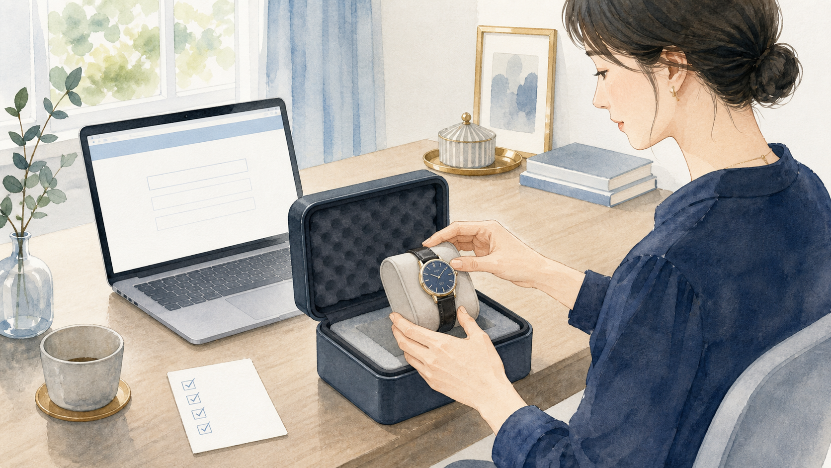 腕時計をWEB修理受付のため安全に梱包する水彩イラスト