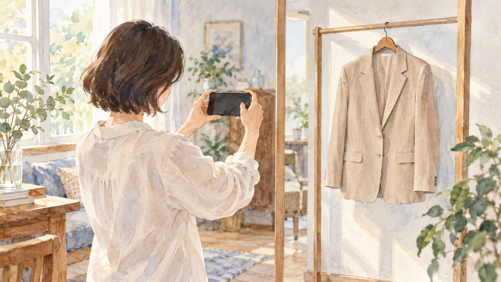見積り相談用にジャケット全体を撮る場面の水彩イラスト