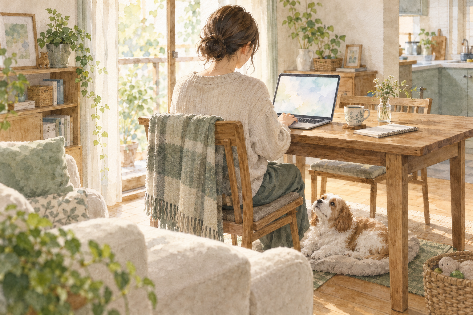 自宅で犬の様子を伝えながらオンライン相談するイメージ