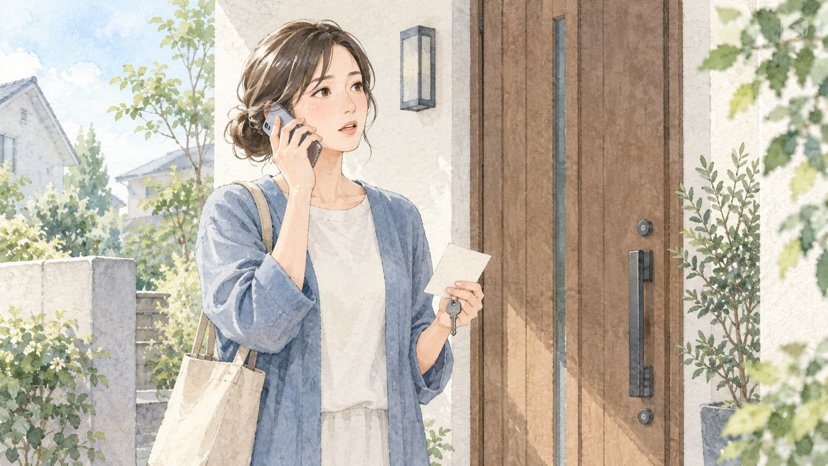 玄関前で住所と鍵の症状を電話で伝える場面のイラスト