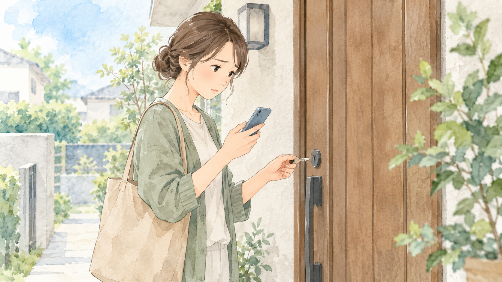鍵があるのに玄関が開かず困っている人の水彩イラスト