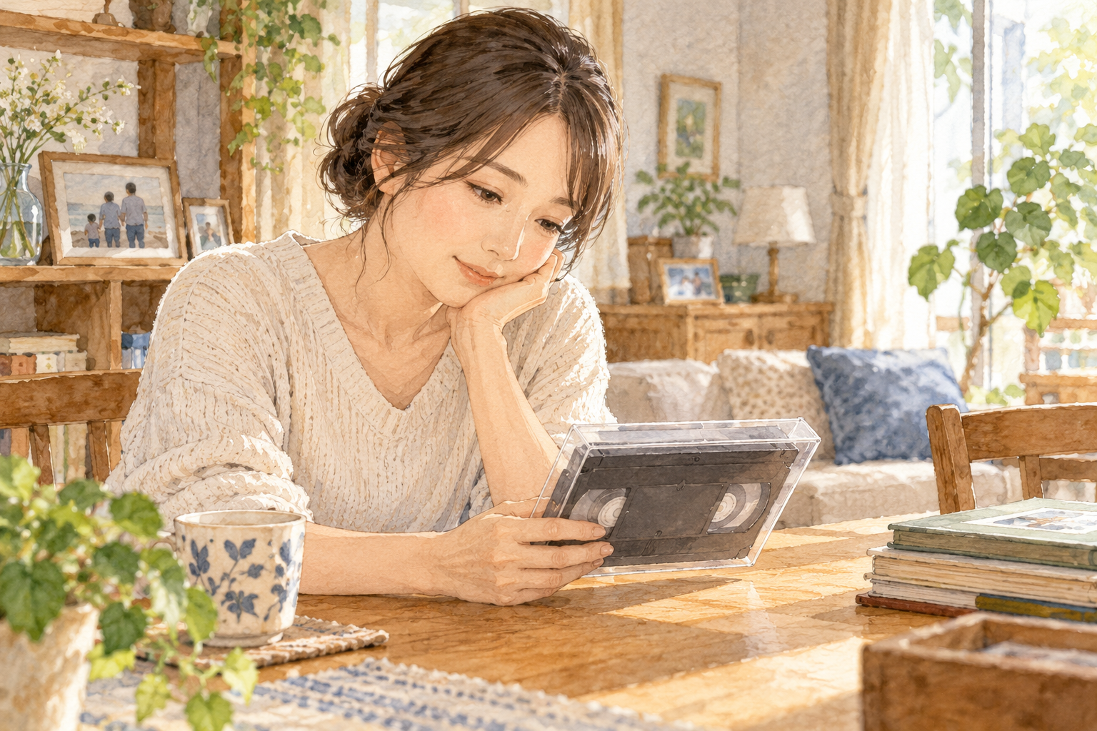 保管していた家庭用ビデオテープを見返そうとする人の水彩イラスト