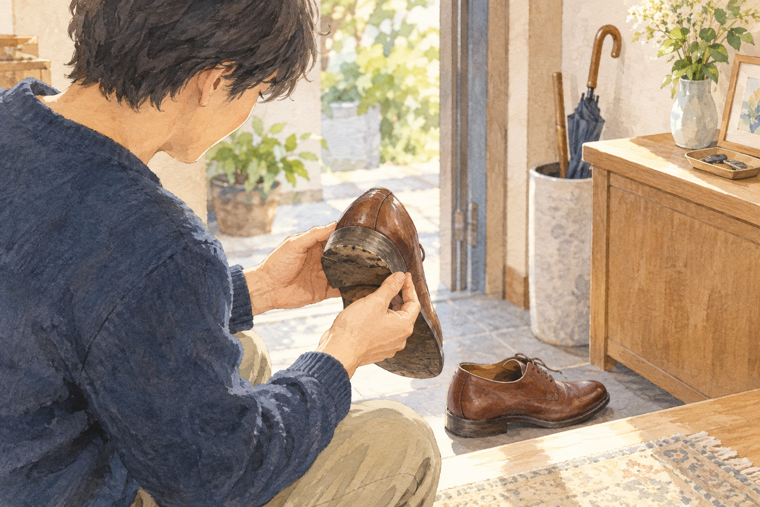 自宅で革靴のかかとを確認する人の水彩イラスト