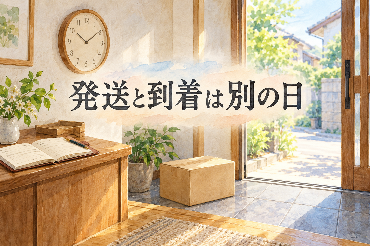 小包と予定帳で発送日と受取日を区別する水彩イラスト