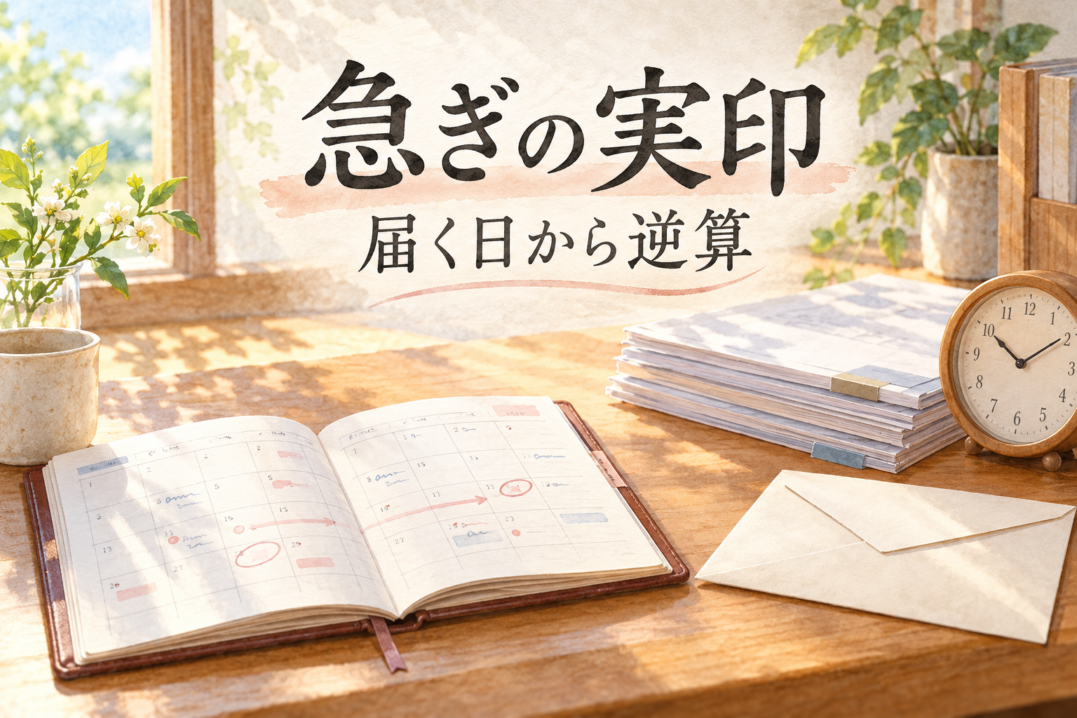 書類とカレンダーを並べて実印の必要日を考える水彩イラスト