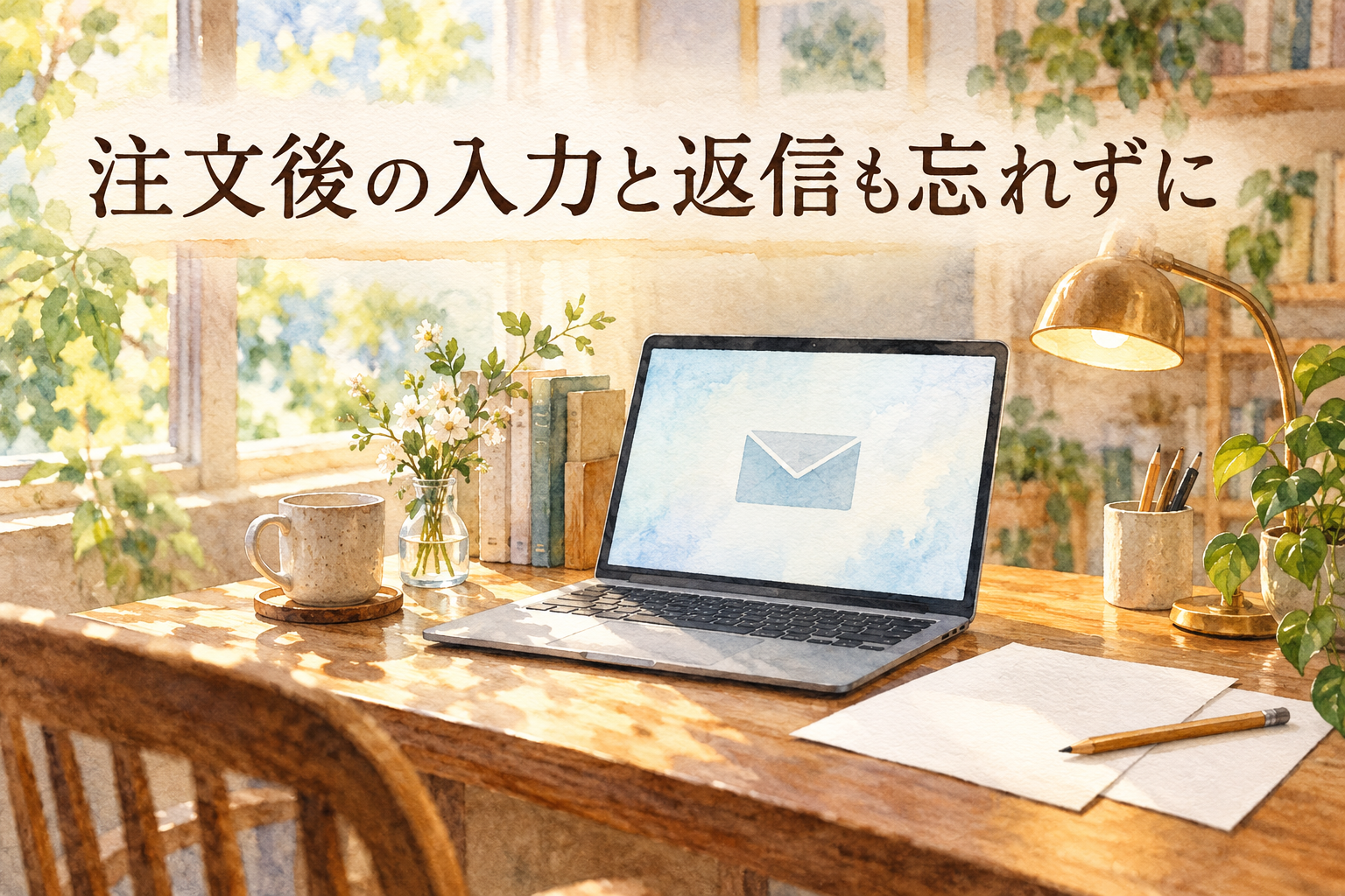 注文後の作成内容入力と校正メールへの返信を確認する水彩イラスト